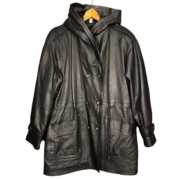 Vintage 90s Black Leather Coat, Quilted Lining, Genuine Leather, Oversized Parka - Picture 1 of 7